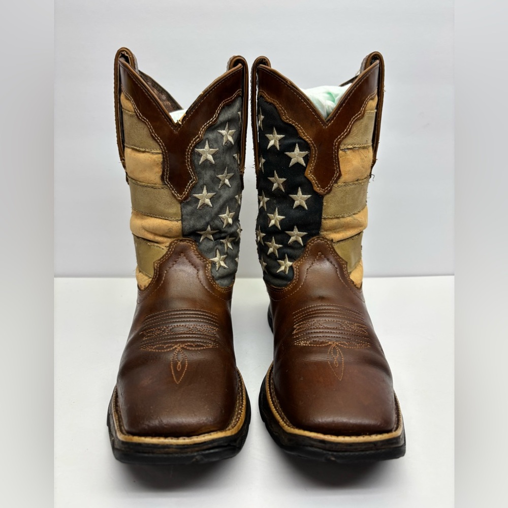 Durango Brown Leather Cowboy Boots with Flag Stitching, SZ 7 M